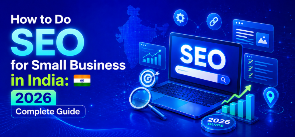 Illustration representing SEO for small businesses in India, featuring a laptop with a search engine, SEO icons, analytics dashboard, local SEO, and digital marketing elements for 2026.