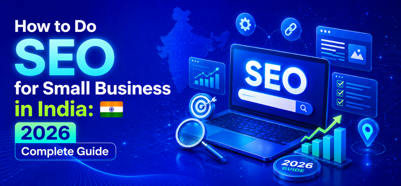 Illustration representing SEO for small businesses in India, featuring a laptop with a search engine, SEO icons, analytics dashboard, local SEO, and digital marketing elements for 2026.