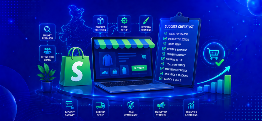 Infographic titled “Checklist for Launching a Successful Shopify Store in India” showing nine core steps: product selection, market research, store setup, design & branding, payment gateway, shipping setup, legal compliance, marketing strategy, and analytics & tracking, with a launch and scale section.