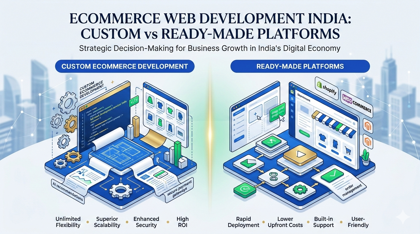 A comparison infographic showing the benefits of Custom E-commerce Development versus Ready-Made Platforms for business growth in India's digital economy.