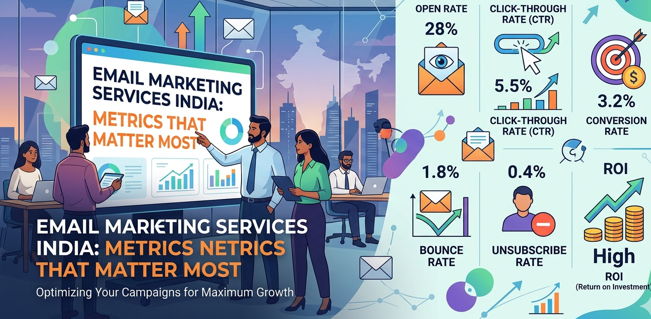 t features a modern office setting with a team looking at a digital dashboard displaying the text "Email Marketing Services India: Metrics That Matter Most," alongside icons for open rates, CTR, conversion rates, and ROI.