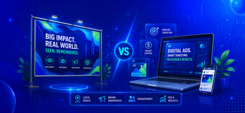 Comparison chart titled “Flex vs Digital Ads Which Works Better for Local Marketing” with a central “VS”. Left side (Flex) lists: PRECISE TARGETING, BIG IMPACT., REALWORLD., SEEN.REMEMBERED., TRANSIT IMPACT, LOCAL BRAND ENGAGEMENT, AWARENESS. Right side (Digital Ads) lists: CONTROL BUDGET, SMART TARGETING., DIGITALADS., AD MEASURABLERESULTS., HIGHVISIBILITY, LOCALREACH, COSTEFFECTIVE, ROI & RESULTS. The design uses bold keywords and a competitive split layout.