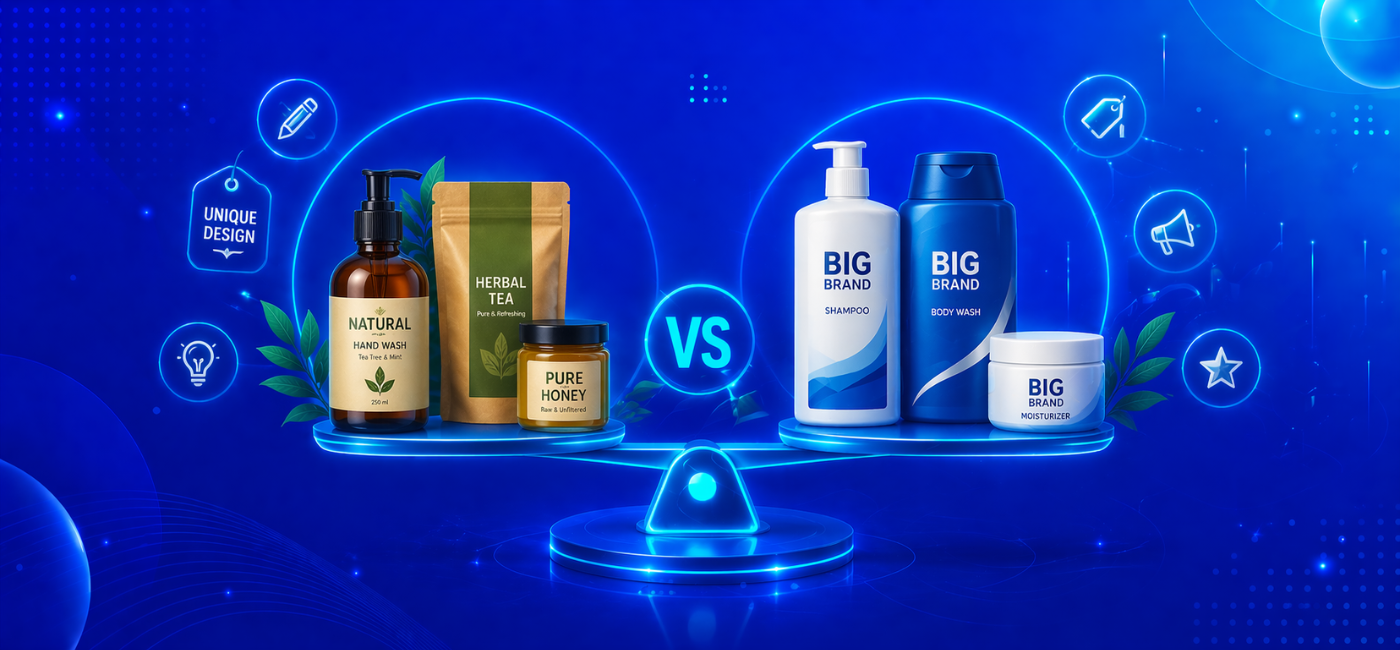 Comparison graphic titled “How Small Businesses Can Compete with Big Brands Through Label Design.” Left side shows generic big brand labels for shampoo, body wash, hand wash, and moisturizer. Right side highlights a small business design with “Pure & Refreshing Tea” (Tea Tree & Mint) and “Pure Honey” labels, emphasizing unique, natural, and herbal aesthetics. A “VS” in the middle contrasts the two approaches.
