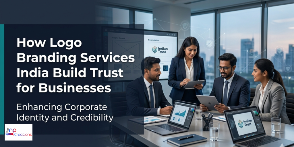 Professional team in a modern boardroom discussing corporate design, illustrating how logo branding services in India build trust for businesses.