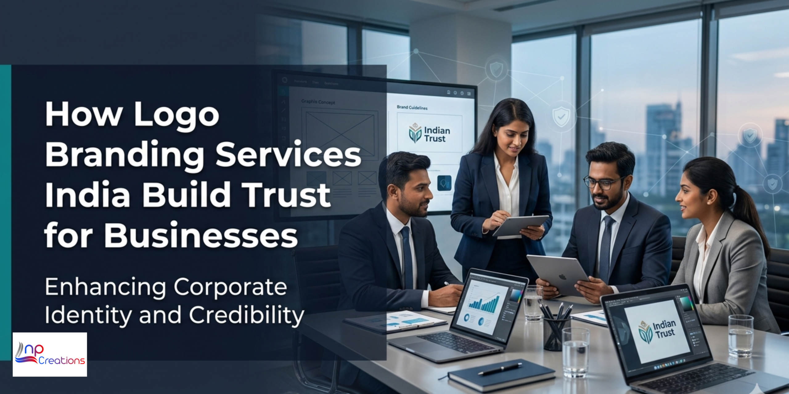 Professional team in a modern boardroom discussing corporate design, illustrating how logo branding services in India build trust for businesses.