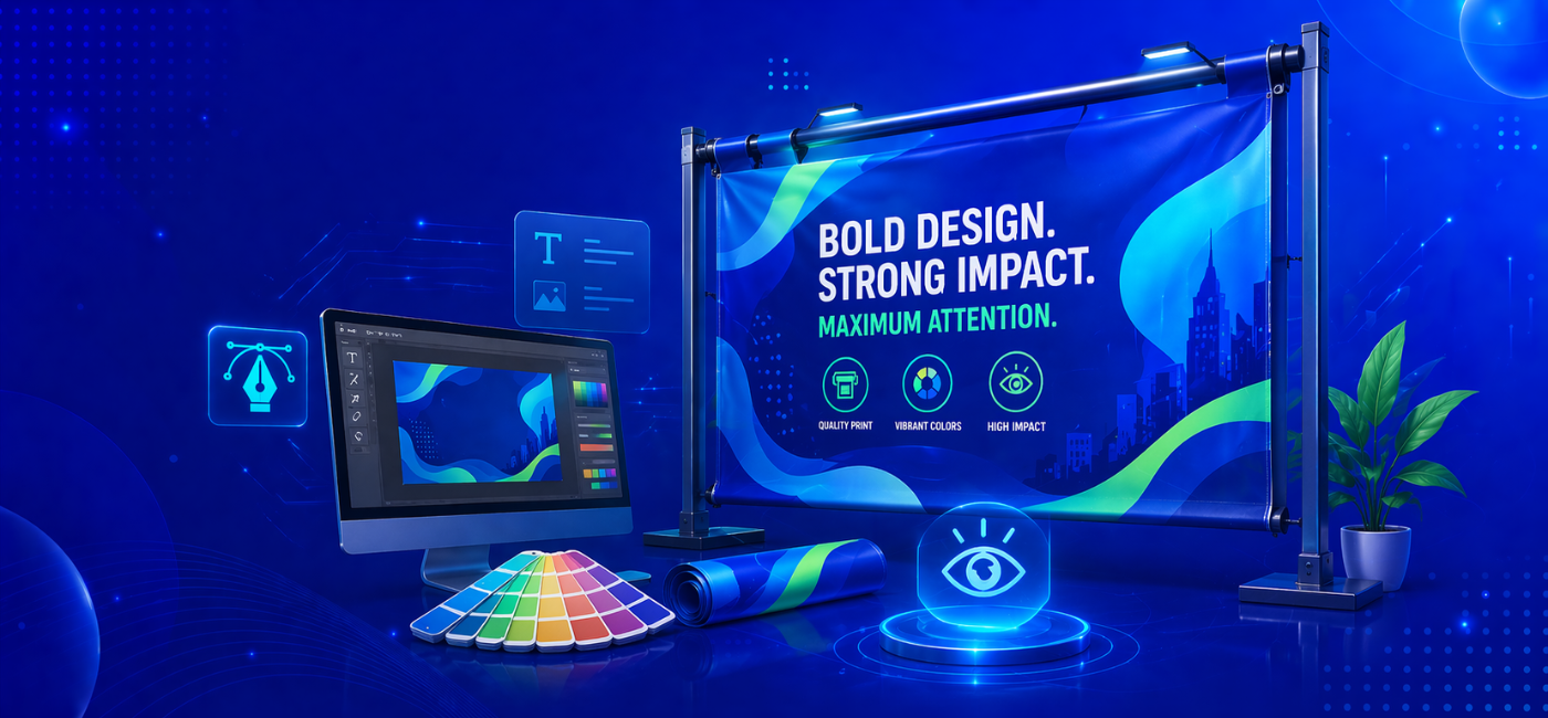 Graphic titled “How to Design Flex Banners That Grab Attention Instantly” featuring three stacked headline phrases: “BOLD DESIGN.”, “STRONG IMPACT.”, “MAXIMUM ATTENTION” followed by three keywords in a row – “QUALITYPRINT”, “VIBRANTCOLORS”, “HIGHIMPACT”. The design emphasizes strong typography, high contrast, and a clear call to action for impactful banner design.