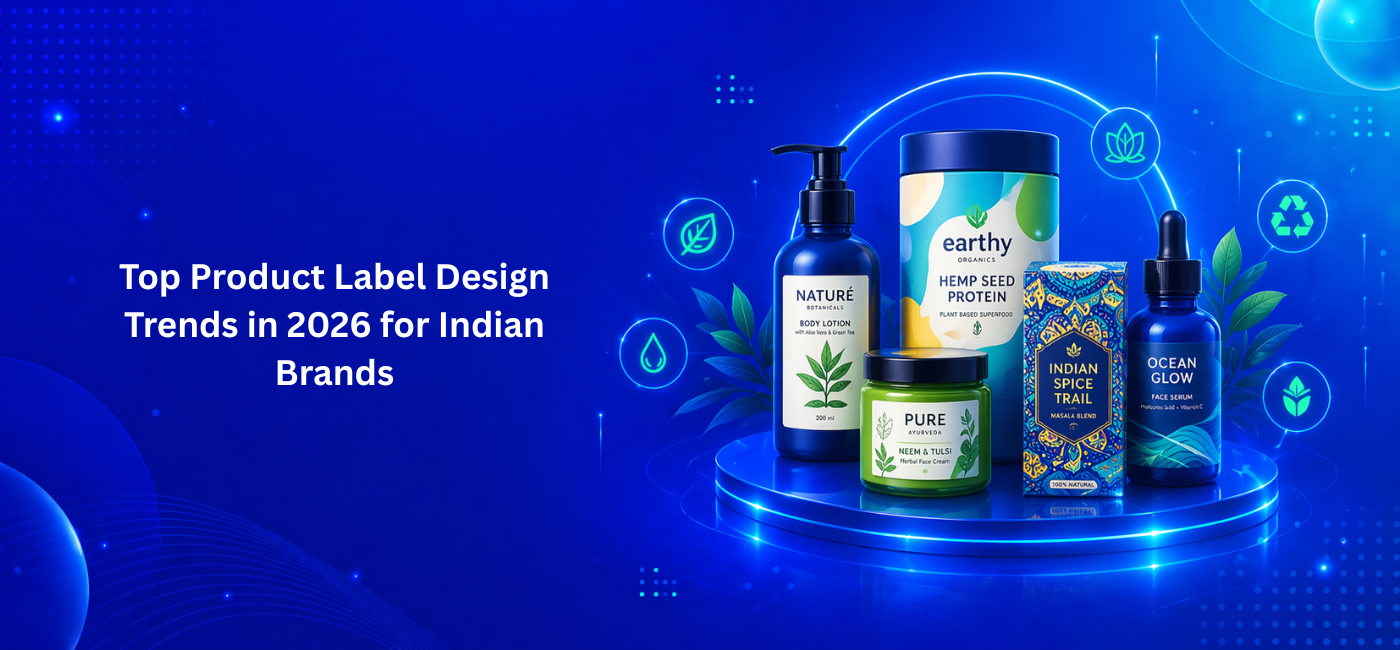 Collage of five product label design trends for Indian brands in 2026: green Nature body lotion with aloe vera and green tea, earthy Organic hemp seed protein pack, Pure Aphytes Neem & Tulsi herbal face cleanser, Indian Spice Trail magical blend spice jar, and blue Ocean Glow face serum with hydrating balm.