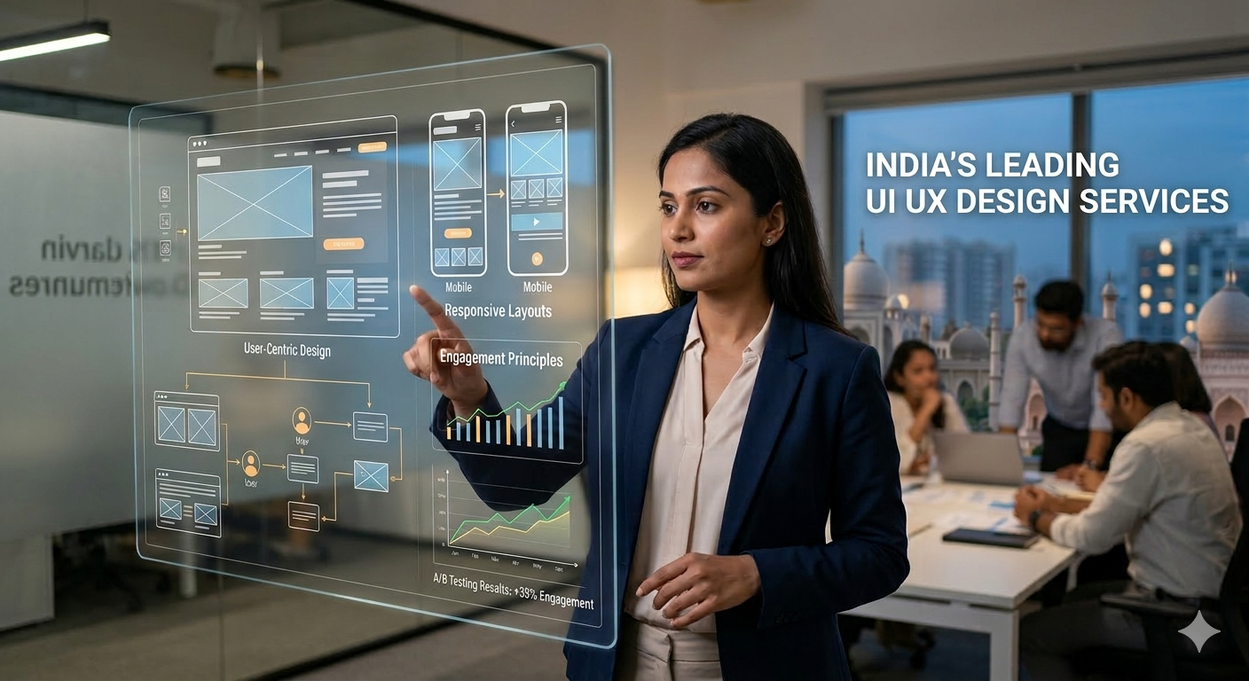 India's leading UI UX design services banner highlighting user-centric design, mobile responsive layouts, engagement principles, and A/B testing results showing 139% engagement.