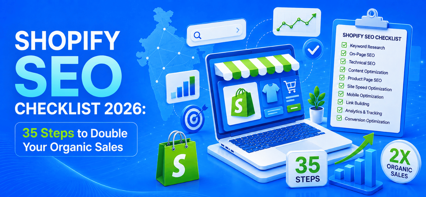 Shopify SEO Checklist 2026 infographic highlighting 35 essential SEO steps to improve organic traffic, search rankings, and eCommerce sales.