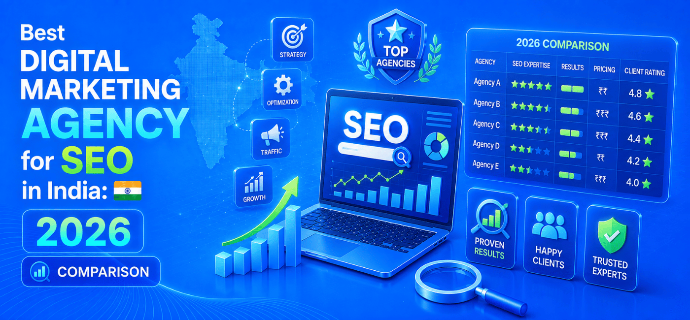 Illustration of the best digital marketing agency for SEO in India in 2026, featuring an SEO analytics dashboard on a laptop, growth chart, comparison table of agencies, digital marketing icons, and a map of India representing SEO strategy and performance.