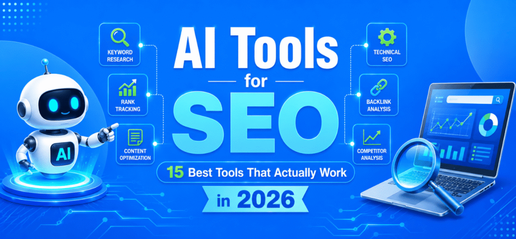 AI Tools for SEO infographic featuring a robot, SEO dashboard, and the 15 best AI tools for keyword research, content optimization, rank tracking, backlink analysis, technical SEO, and competitor analysis in 2026