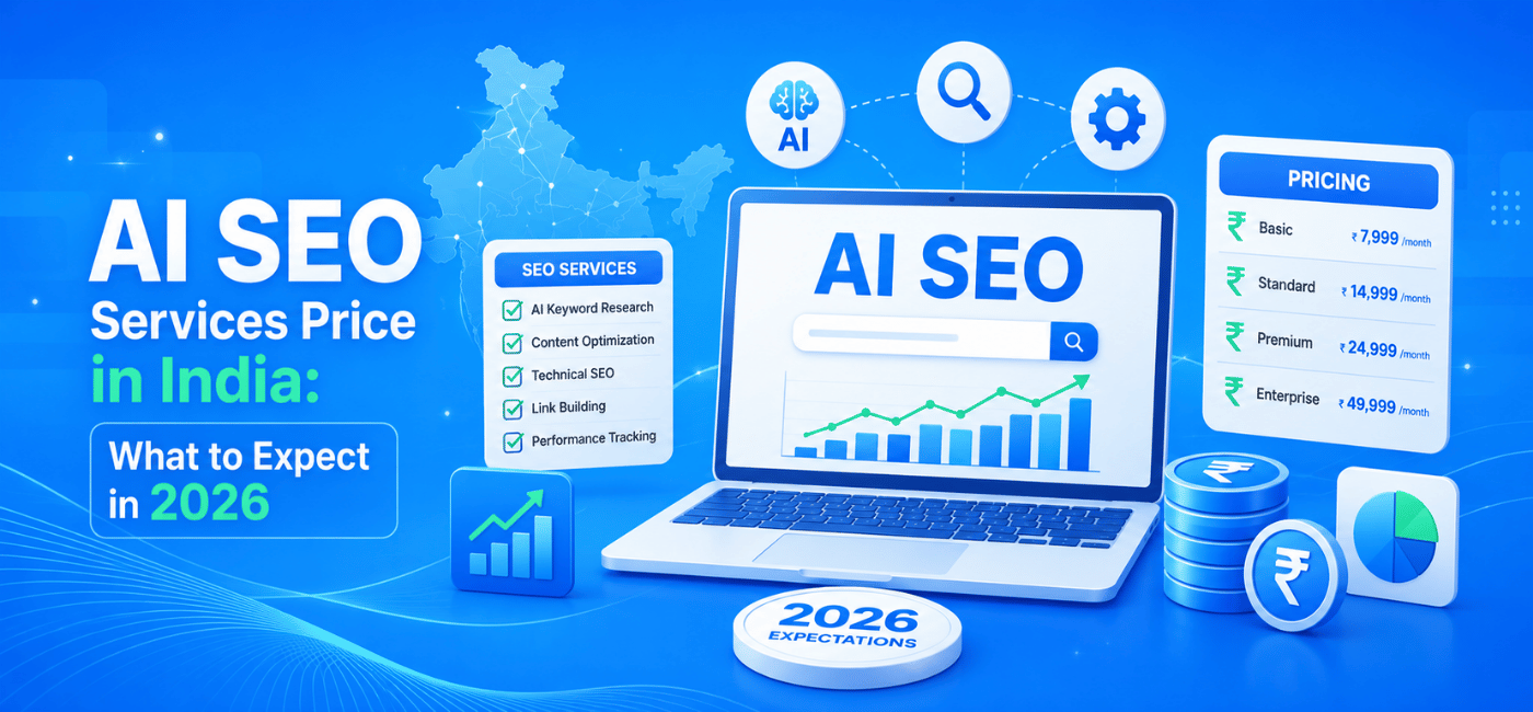 AI SEO services price in India 2026 poster showing pricing tiers, SEO checklist, growth chart, and laptop dashboard