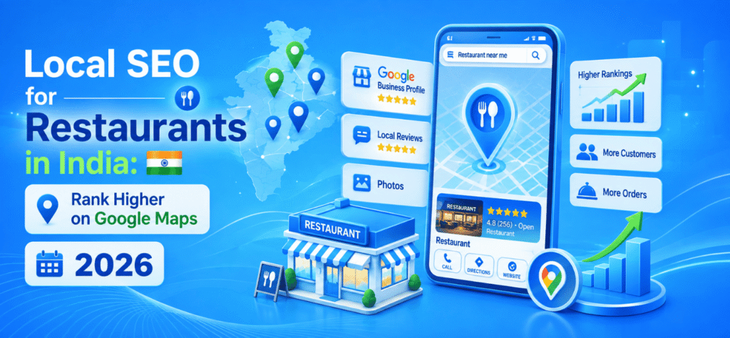 Local SEO for Restaurants in India infographic showing Google Business Profile optimization, Google Maps ranking, customer reviews, and restaurant growth in 2026.
