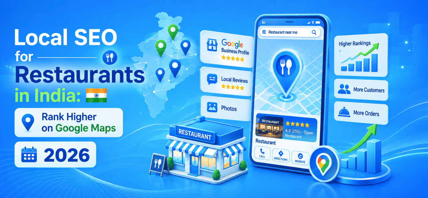 Local SEO for Restaurants in India infographic showing Google Business Profile optimization, Google Maps ranking, customer reviews, and restaurant growth in 2026.