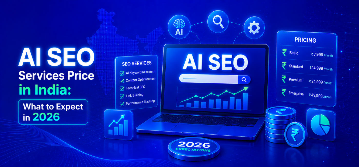 AI SEO services price in India 2026 poster showing pricing tiers, SEO checklist, growth chart, and laptop dashboard