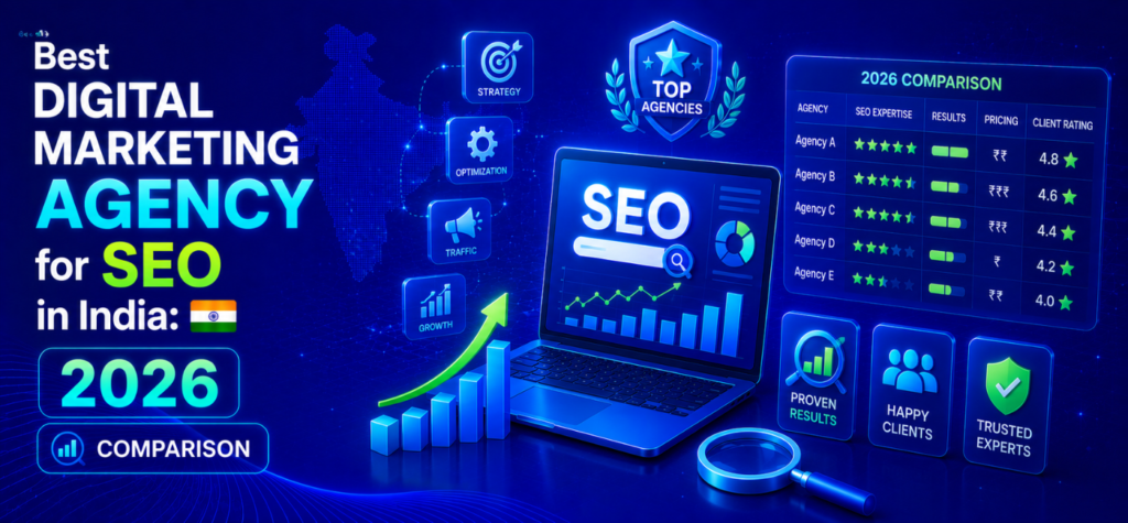 Illustration of the best digital marketing agency for SEO in India in 2026, featuring an SEO analytics dashboard on a laptop, growth chart, comparison table of agencies, digital marketing icons, and a map of India representing SEO strategy and performance.