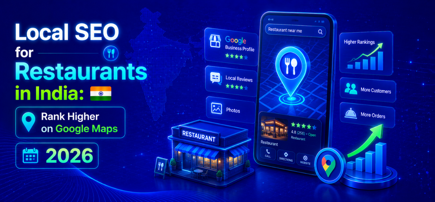 Local SEO for Restaurants in India infographic showing Google Business Profile optimization, Google Maps ranking, customer reviews, and restaurant growth in 2026.