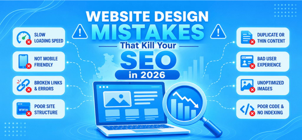 Website design mistakes that hurt SEO in 2026, including slow loading speed, poor mobile experience, broken links, thin content, bad site structure, unoptimized images, and indexing issues.