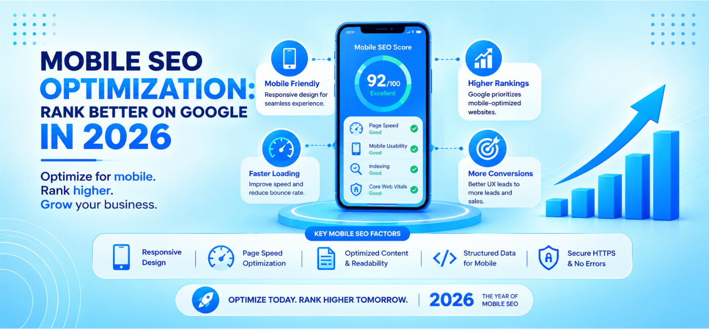 Mobile SEO optimization in 2026 to improve Google rankings, mobile usability, page speed, and website performance.
