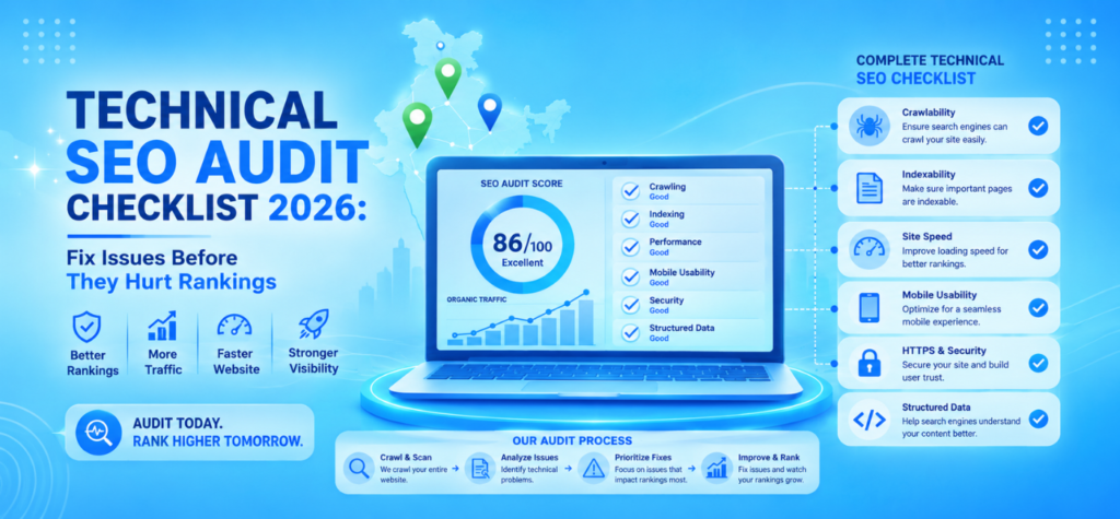 Technical SEO audit checklist 2026 covering crawlability, indexability, site speed, mobile usability, HTTPS, and structured data