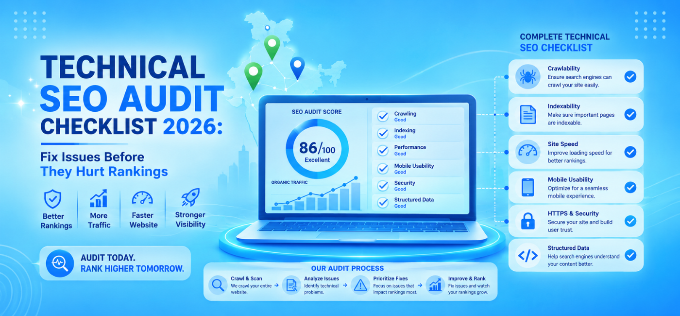 Technical SEO audit checklist 2026 covering crawlability, indexability, site speed, mobile usability, HTTPS, and structured data
